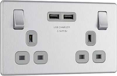 BG Electrical Screwless Flat Plate Double Switched Power Socket with USB