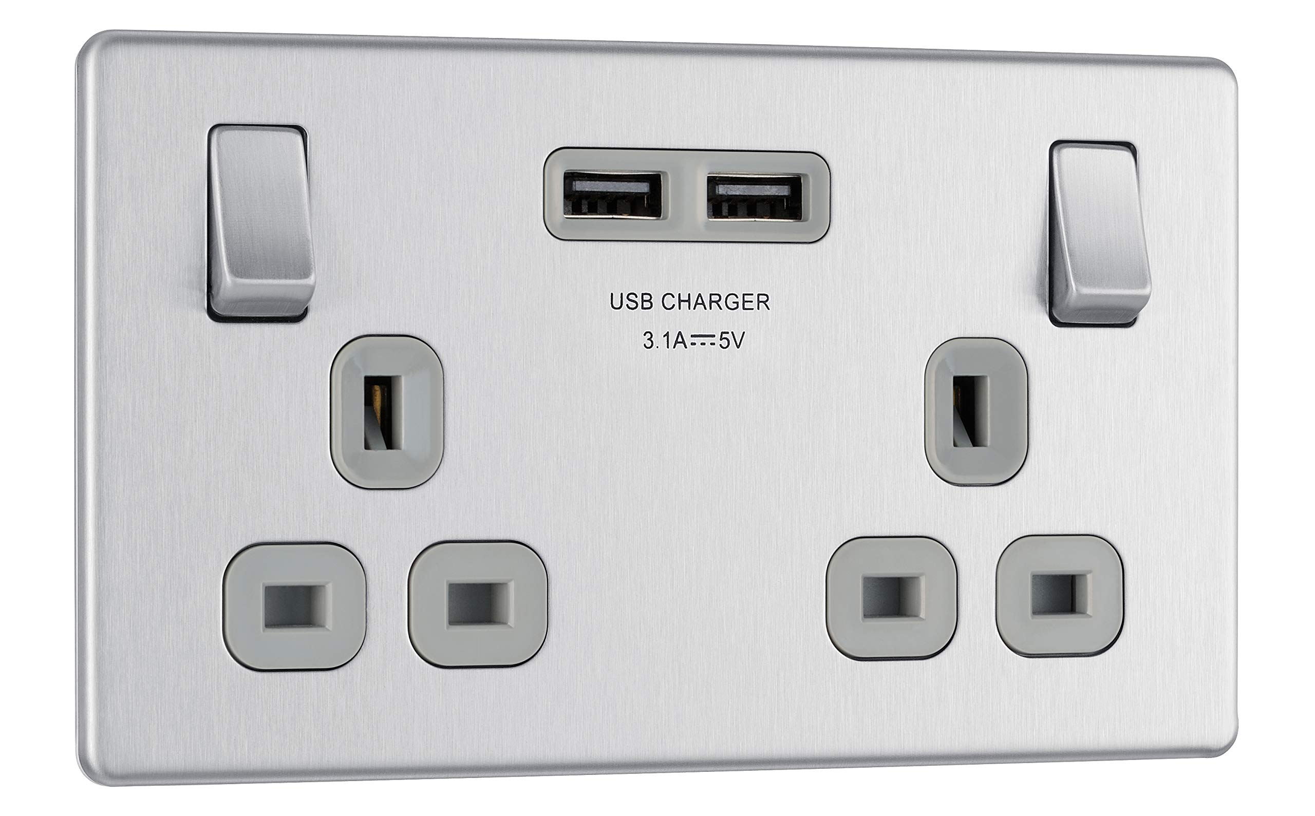 BG Electrical Screwless Flat Plate Double Switched Power Socket with Two USB Charging Ports
