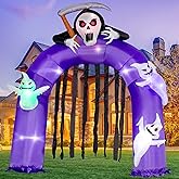 VENLOIS 6FT Halloween Inflatables Grim Reaper Arch with Three White Ghost | Built-in LEDs for Halloween Blow-Up Indoor-Outdoor Decoration, Cute Fun Holiday/Party/Yard/Garden Fantasy Party Display