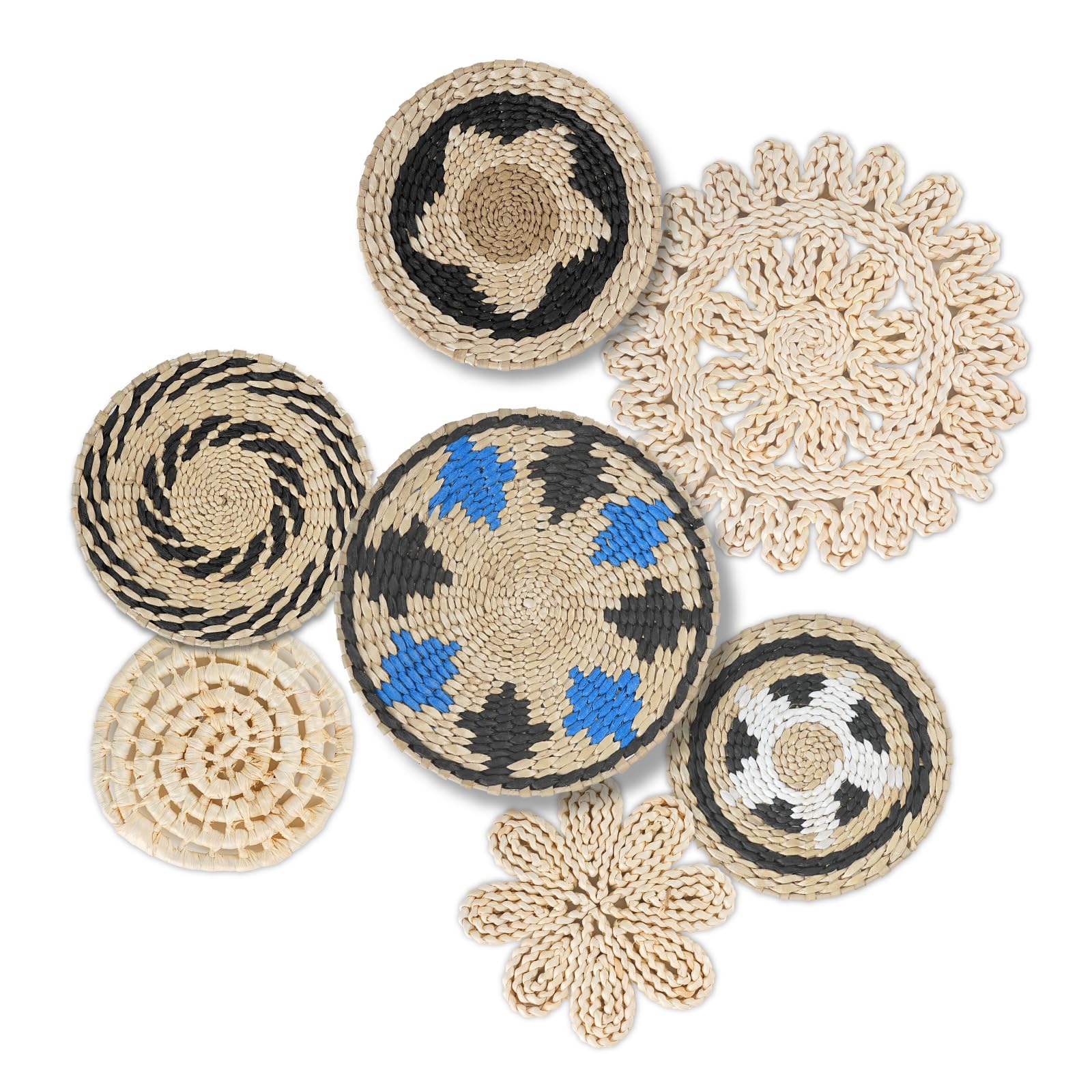 Photo 1 of 7PCS Boho Wall Baskets Set, Boho Wall Decor, Round Handmade Seagrass Rattan Wicker Wall Art Room Decor Hanging Wall Basket Decor for Farmhouse Living Room Bedroom Display Table Kitchen Home (Black & Blue)