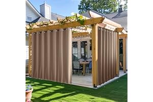 NICETOWN 2 Panels Outdoor Curtains for Patio Waterproof & Windproof, Extra Wide Grommet & Back Tab on Top & Bottom Thermal Insulated Sun Blocking Drapes with Rope for Gazebo, Tan, W100 x L108