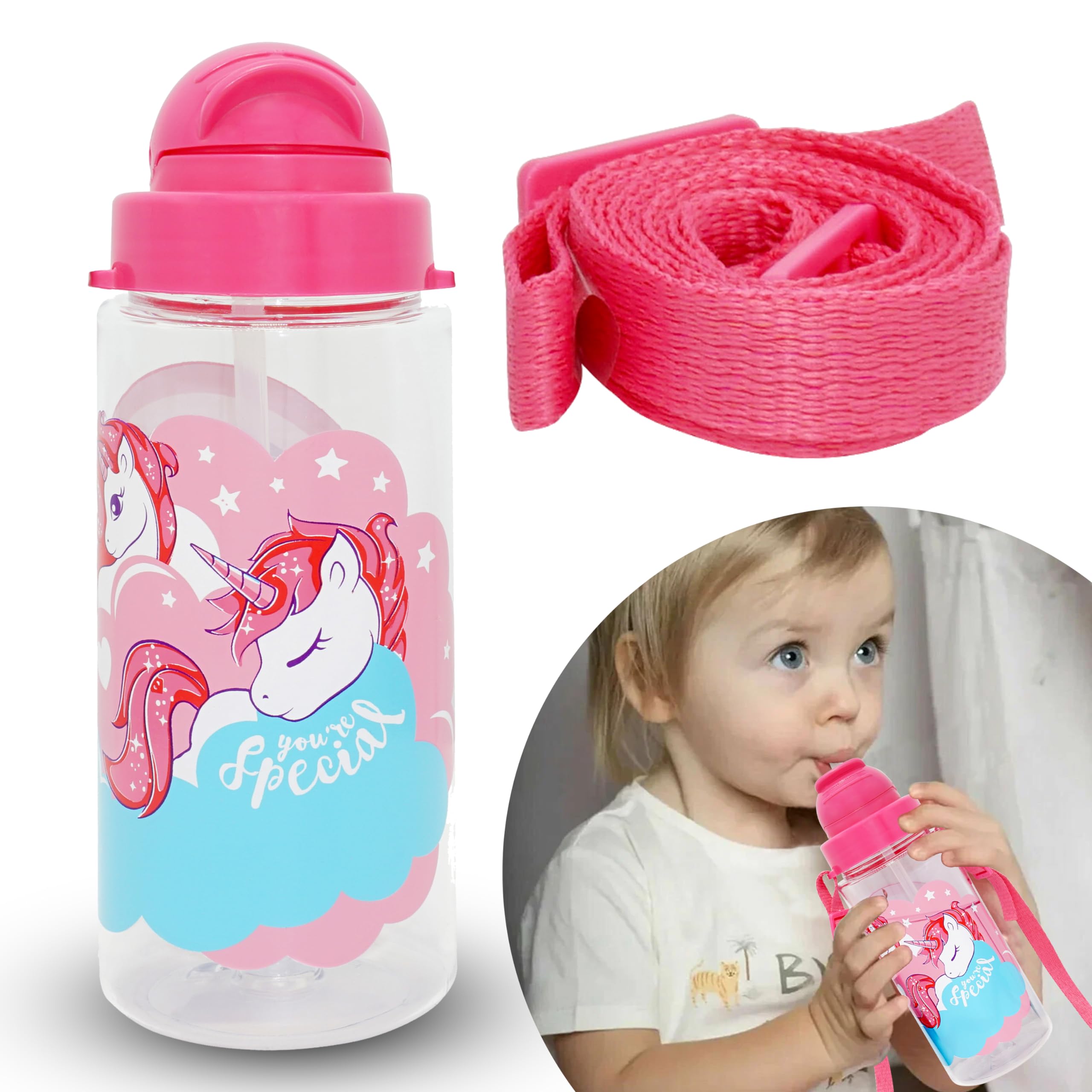 500ml Tritan Water Bottles with Straw, Unicorn Summer Bottle with Strap, BPA Free LeakProof Water Bottle for School Travel Adventure Camp and Sports, for Girls 3+ Years Size-20cm — image 1