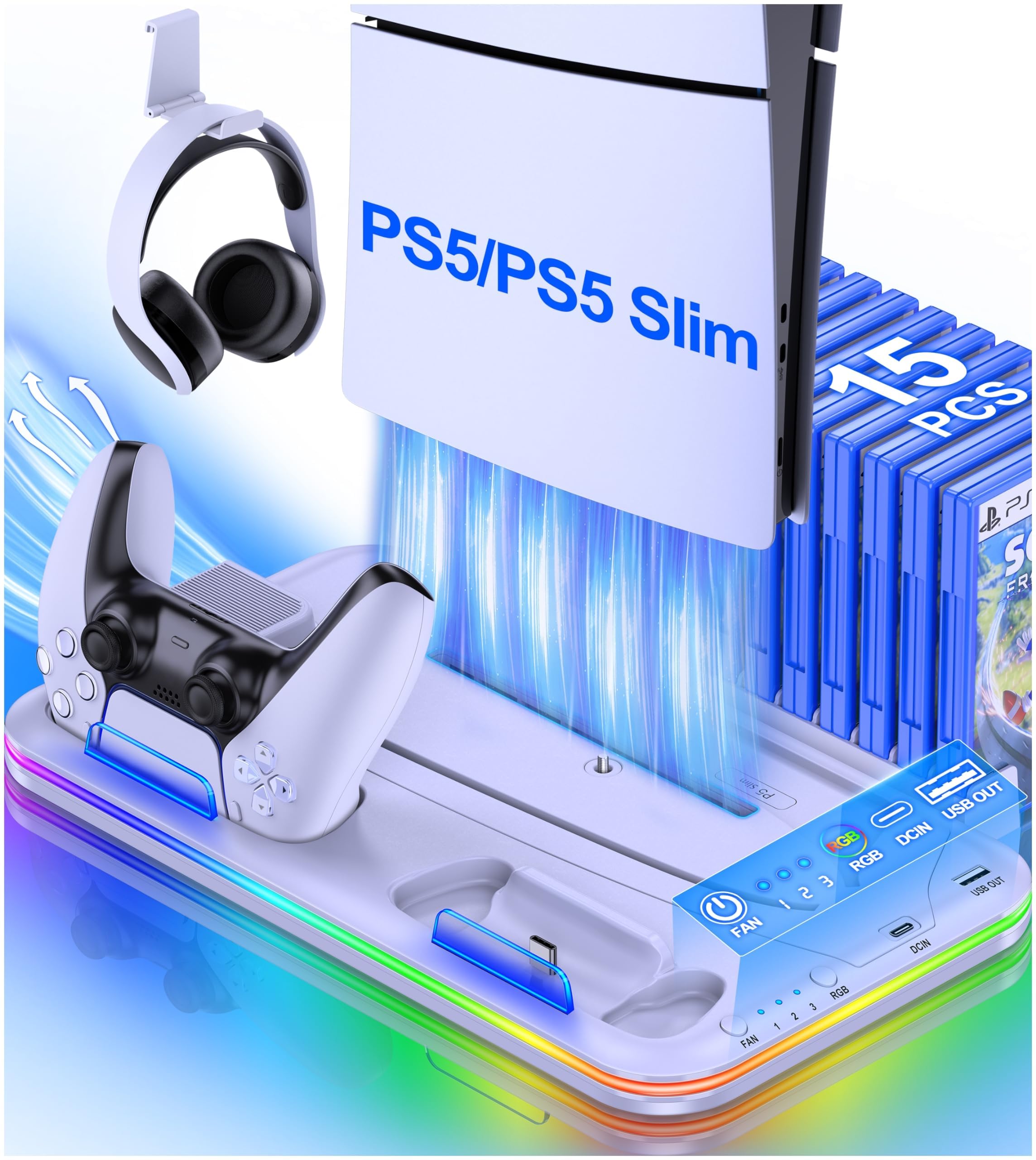 DINOSTRIKE PS5 Slim Stand and Cooling Station for Playstation 5 Slim Disc Digital Consoles,RGB PS5 Controller Charger with Cooling Fan, PS5 Cooling Base PS5 Stand Vertical Headset Holder 15 Game Slots