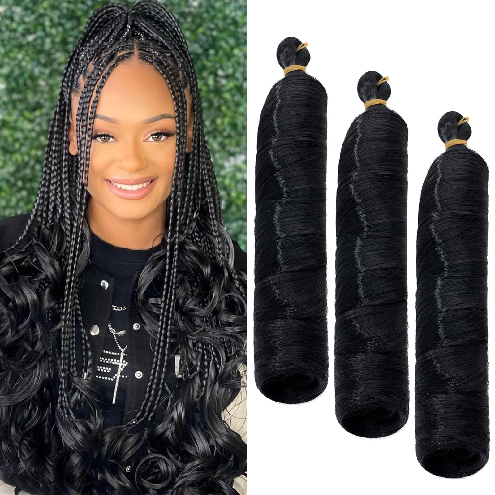S-noilite French Curl Braiding Hair 24 inch 3 Pack Loose Wavy Spiral Curly Crochet Hair Deep Wave Synthetic Extensions for Braiding Pre Stretched Bouncy Braiding Hair, Natural Black