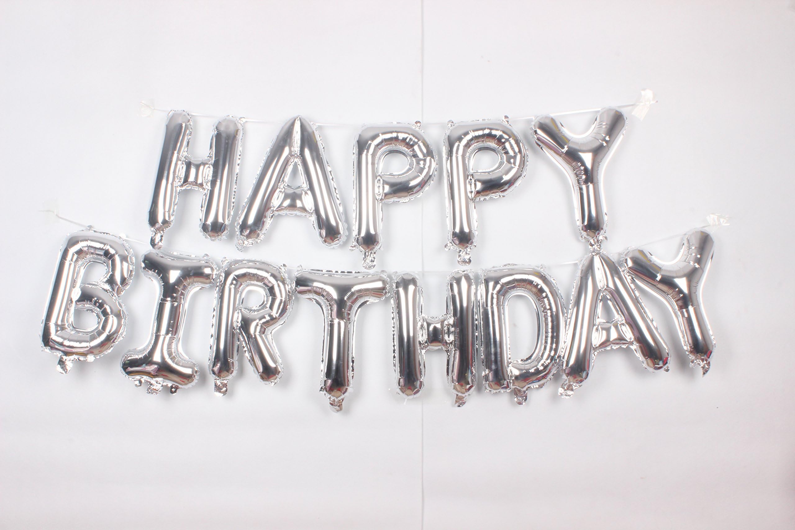 Happy Birthday Balloons Banner, Silver Foil, 16-inch, Stick or Stung 2 Ways, Party Decoration