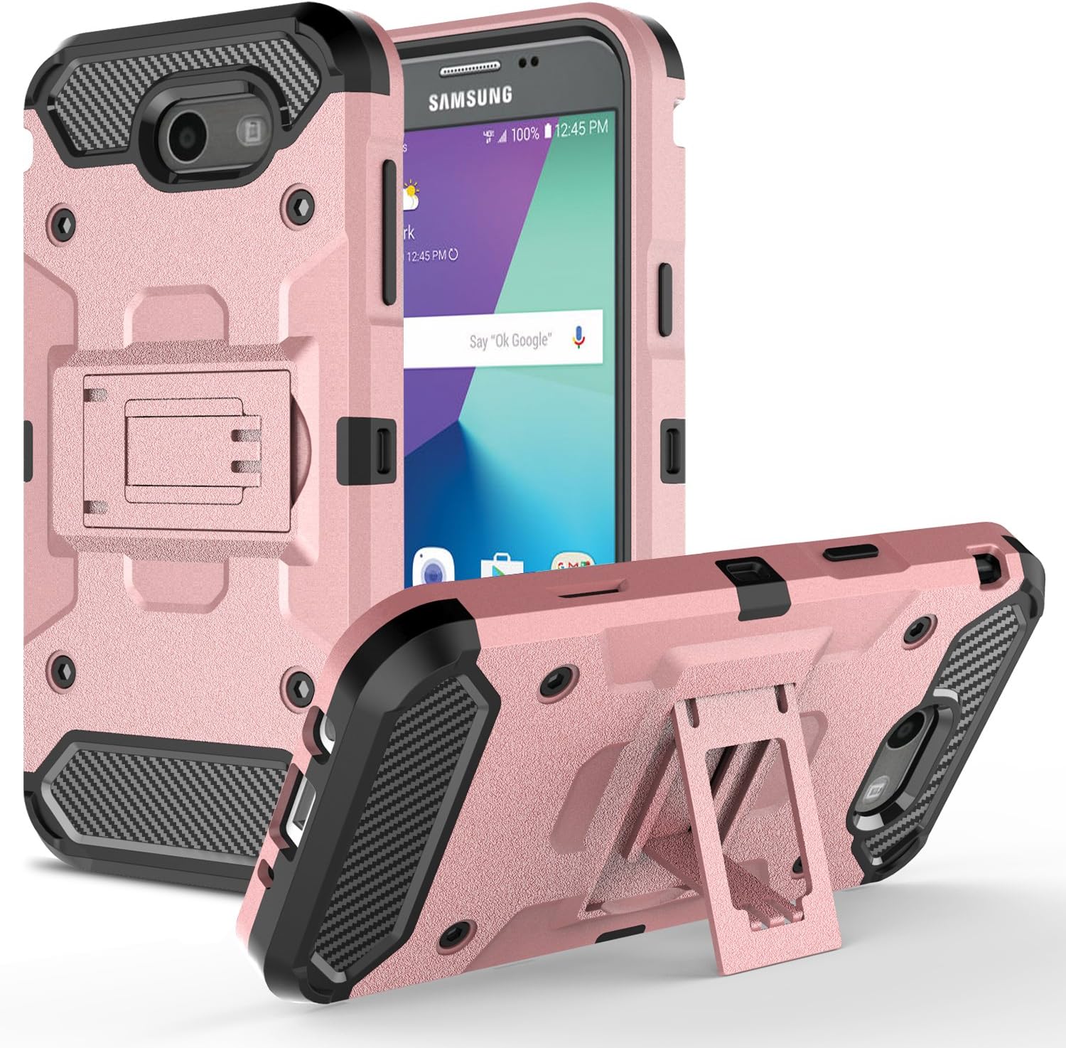 J3 Emerge Case, Galaxy J3 Prime Case, Galaxy Amp Prime 2 / Prime 2 Case / Sol 2 / J3 Mission / J3 Eclipse / J3 2017 / J3 Luna Pro Case, Rosebono Heavy Duty Case with Kickstand for SM-J327 (Rose Gold)