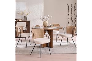 BedsPick Rattan Dining Chairs Set of 4 - Farmhouse Upholstered Cane Back Kitchen Chair with Boucle Cushion, Wingback Dining Room Seat with Metal Legs for Home, Kitchen (Brown)