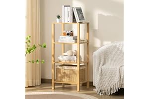 YUFAM 4 Tier Tall Bookshelf with Storage - Small Bookcase for Small Spaces, Shelf for Living Room, Office, Bedroom, Kitchen - Industrial Modern Natural Book Shelf