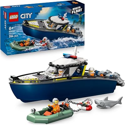 City Police Boat Chase Set - INCL. 2 Boat Toys, 3 Minifigures & a Shark Animal Figure - Gift for 6+ Year Old Boys & Girls - 60456