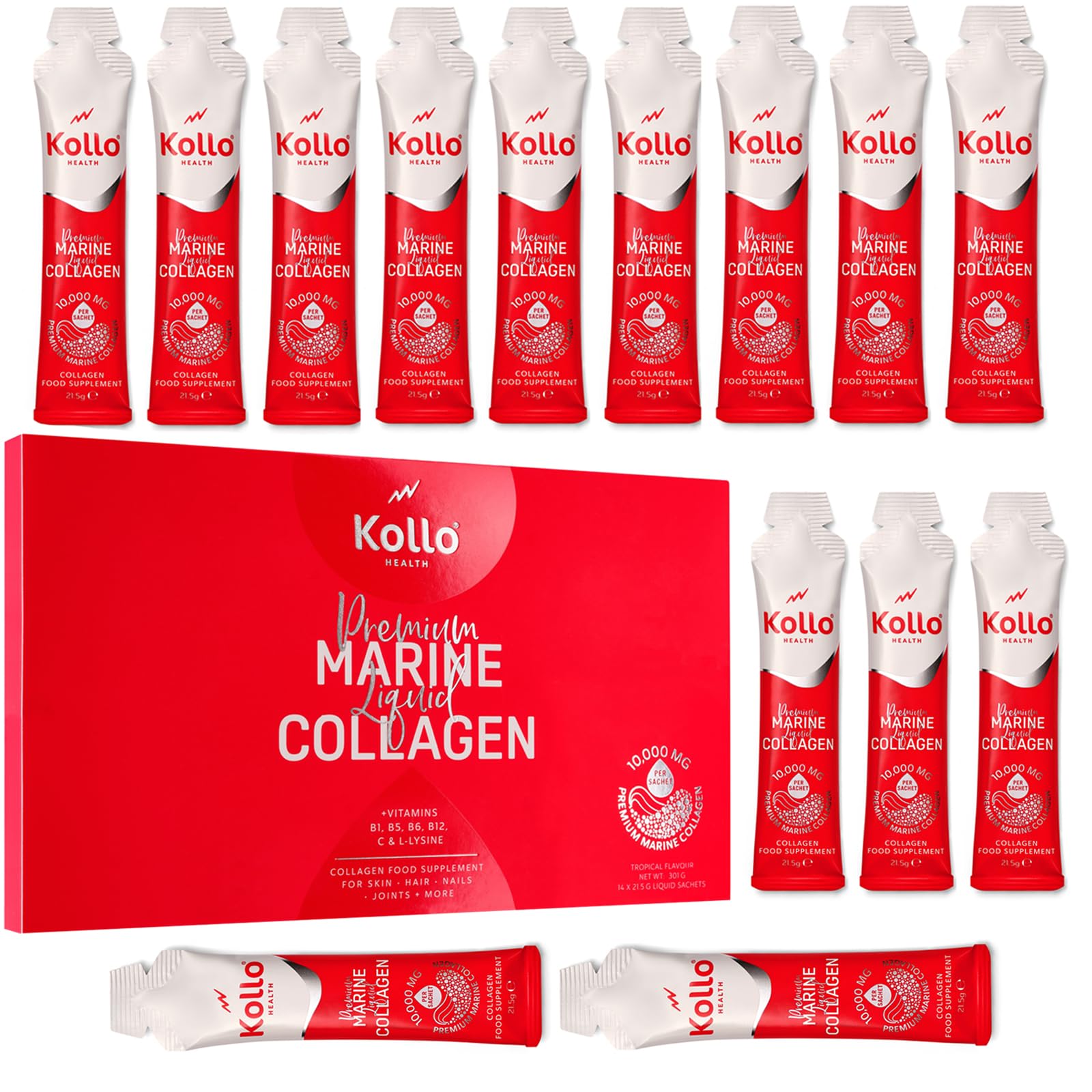 Kollo Premium Marine Liquid Collagen, 10,000 mg with Hyaluronic Acid, 14 x 10000mg Hydrolysed Collagen Peptides Sachets, Liquid Collagen Supplements Vitamins B & C, Informed Sport Certified