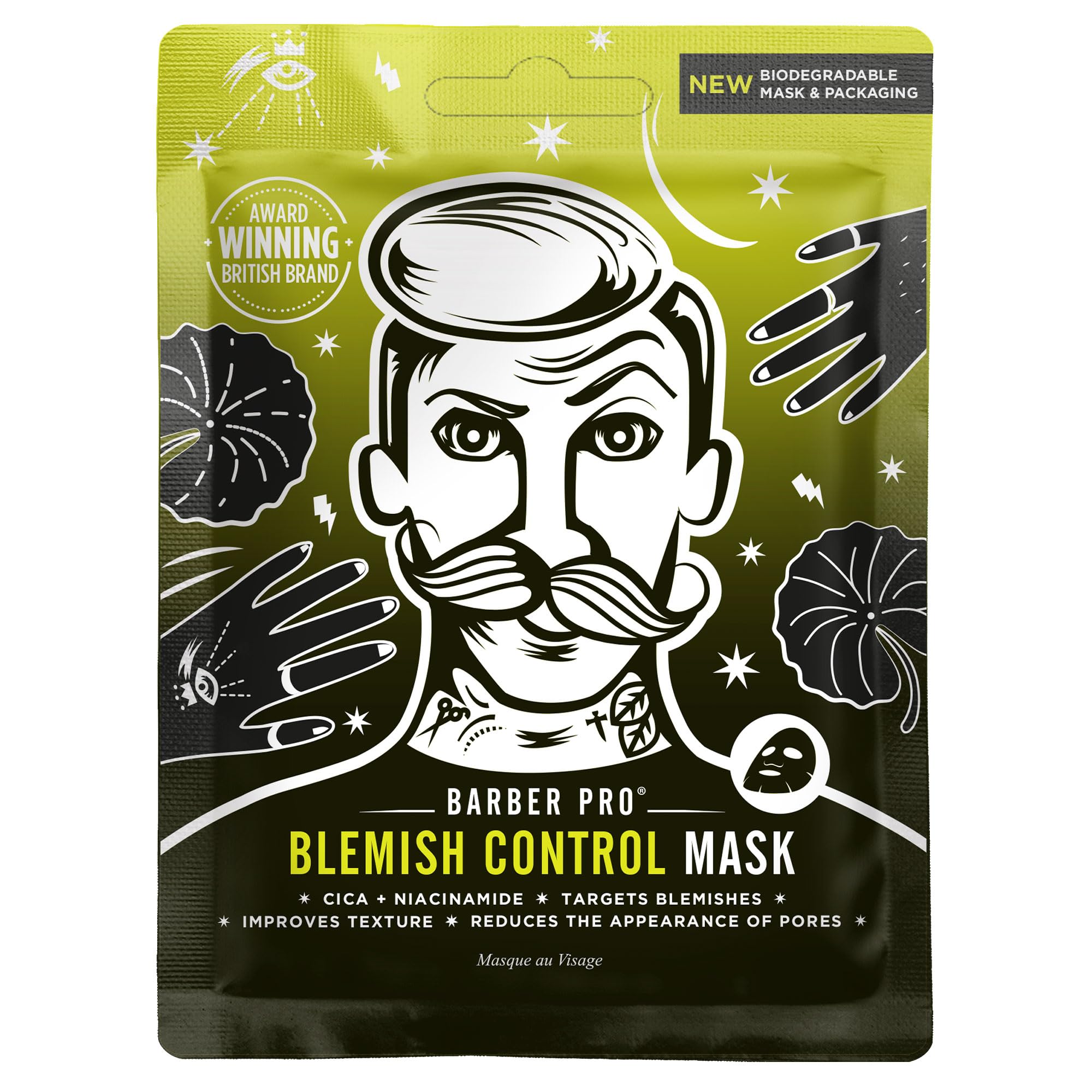 BARBER PRO BLEMISH CONTROL Mens Face Mask Bamboo Sheet Facial Hydration Prevent Breakouts & Improve Skin Texture Cica & Niacinamide Natural Vegan Skincare 100% Biodegradable Multi Award Winning Brand