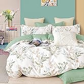 ALEISSEL Natural Cotton 3pcs Botanical Comforter Sets Queen Size-Green Comforter with Luxurious Tan & Gray Leaves on White, Reversible Lightweight Floral Bedding Sets(Full/Queen)