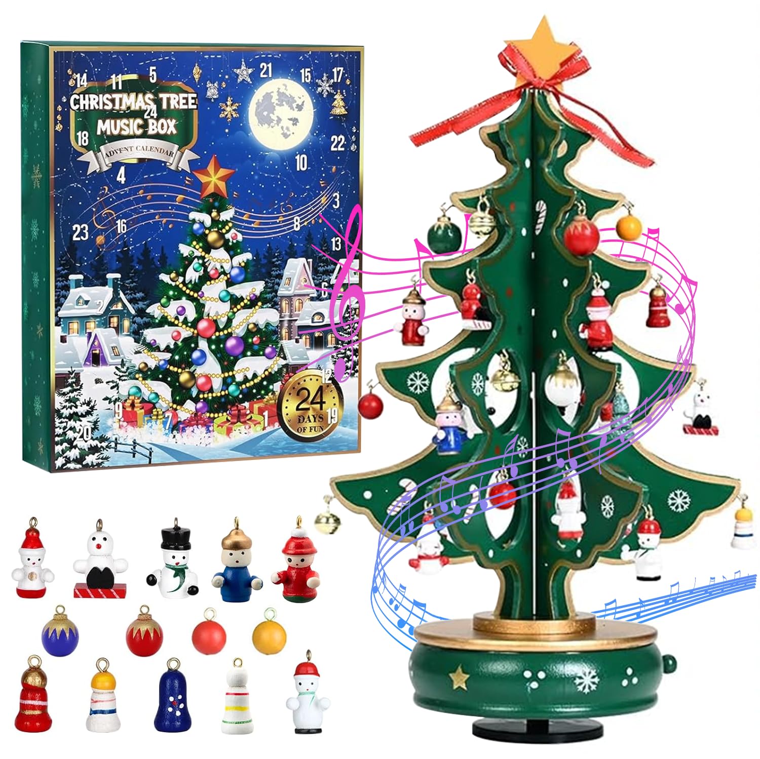 Advent Calendar 2025, Music Wooden Christmas Tree - Decorative Decoration with 24 Mini Christmas Decorations and 1 Star Tree Crown, Advent Calendar 2025 Musical Wooden Christmas Tree with Classic