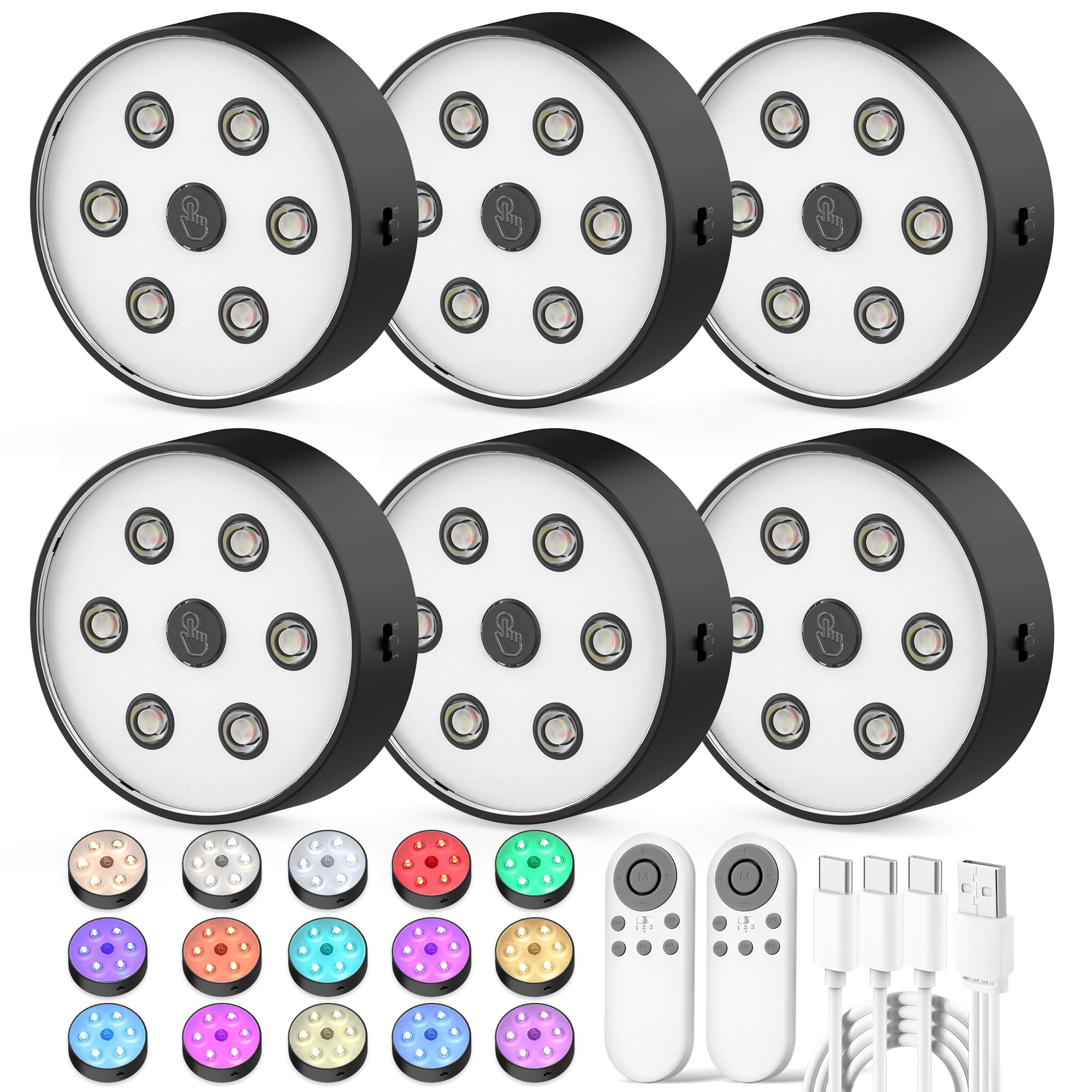 Photo 1 of Onumii Rechargeable Puck Lights with Remote 2.4G Under Cabinet Lighting 2600mAh Sync and Groupable Color Changing Magnetic Stick on Tap Lights for Cabinet, Shelves, Display Case (6Pack Black)