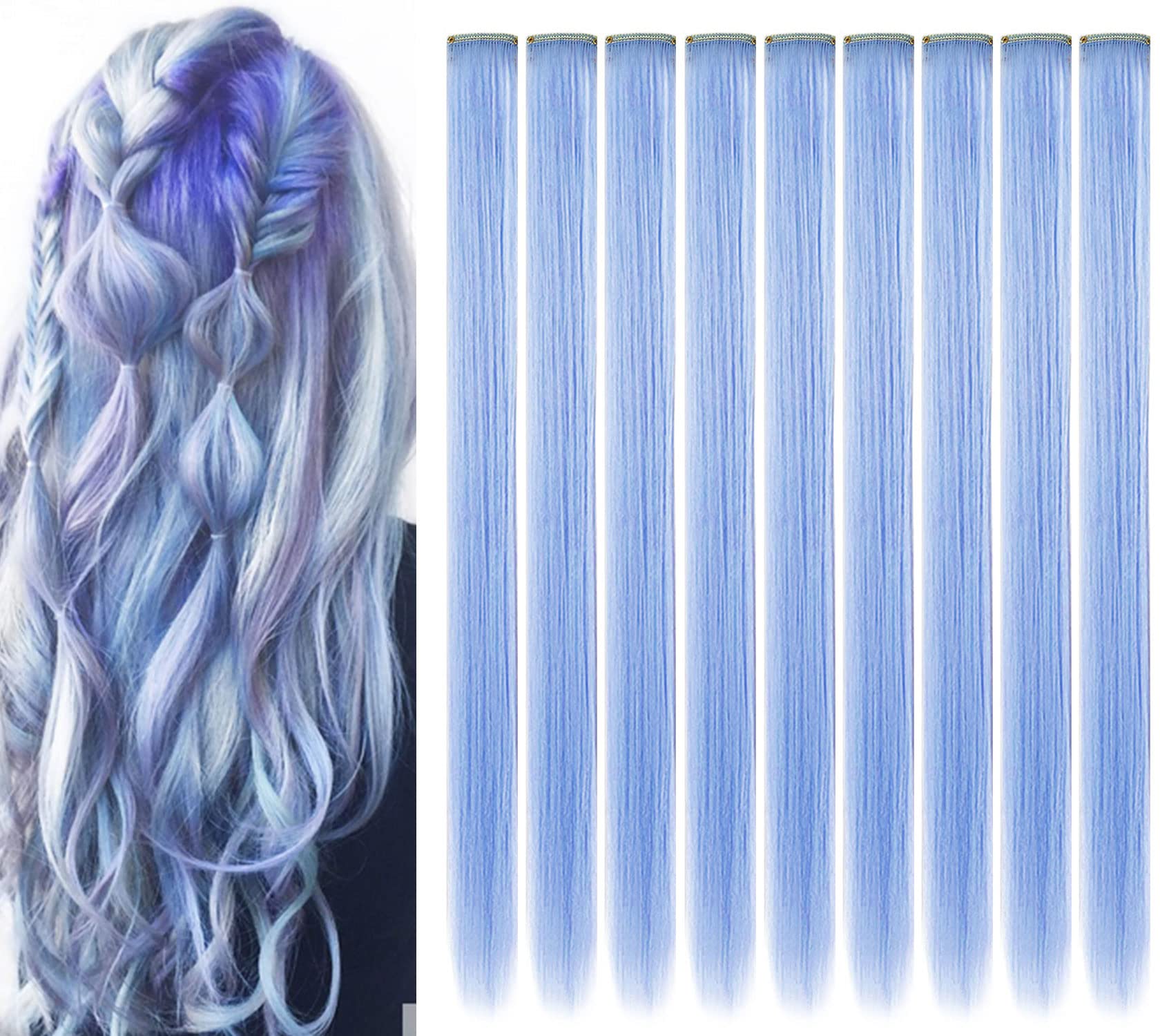 MQY COLOR 9 PCS 21 inch Coloured Hair Accessories,Light blue Hair Extensions Clip in Women Girls Party Highlights Synthetic Long Straight Hair Colourful Hairpieces (Light blue)