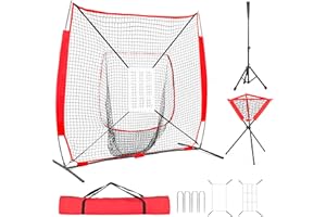 Rengue Baseball Net, 7'×7' Baseball Softball Pitching Net with Batting Net, Baseball Tee, Caddy, 2 Strike Zone, Carry Bag, Baseball Practice Net for Batting Hitting and Pitching