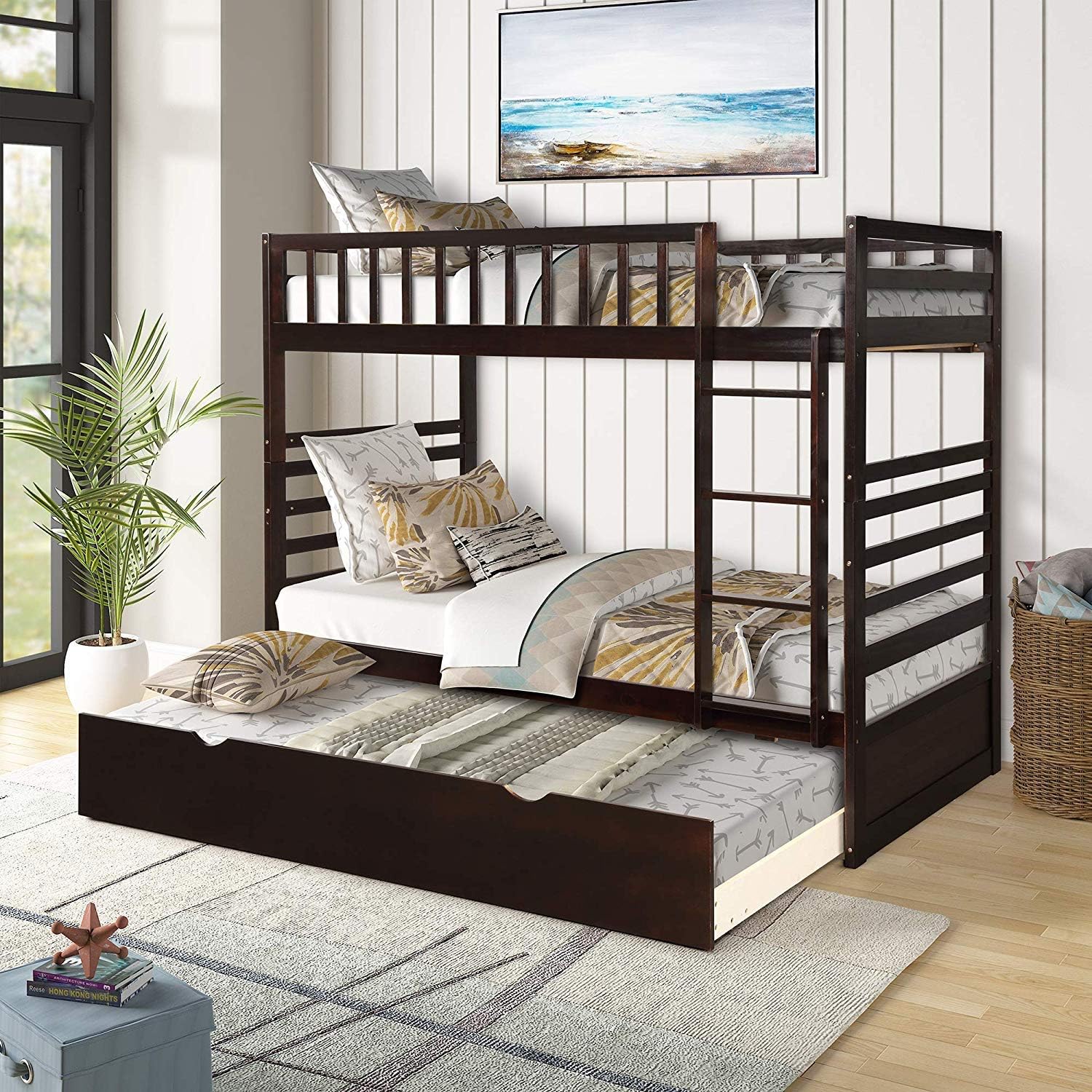 Twin Trundle Solid Wood Bunk Finish Bed, White 1