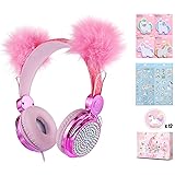 Charlxee POM POM Bear Ear Kids Headphones with Microphone for Girls Children Teens,Over-Ear On Ear Headphones with HD Sound,W