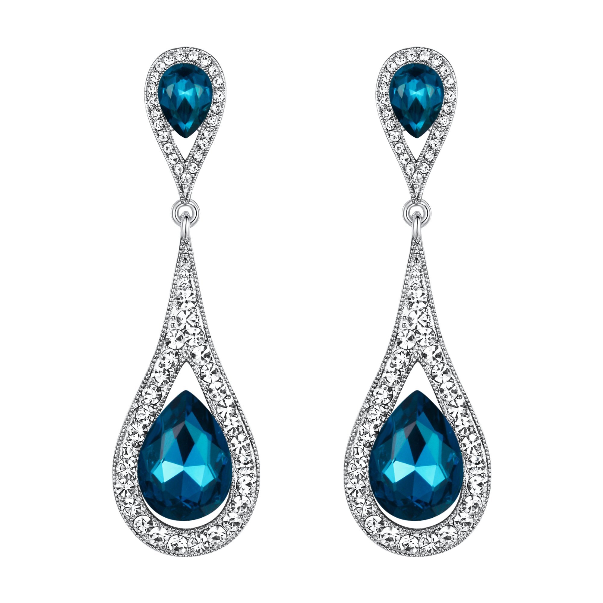 EVER FAITH Sea Blue Crystal Teardrop Dangle Earrings for Women Girls, Sparkly Rhinestone Vintgae Statement Drop Pierced Earring Wedding Prom Birthday Party Jewellery for Brides Bridal Silver-Tone
