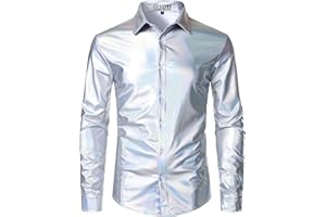 ZEROYAA Men's 70s Disco Button Down Shirt Shiny Metallic Long Sleeve Costume for Party Prom