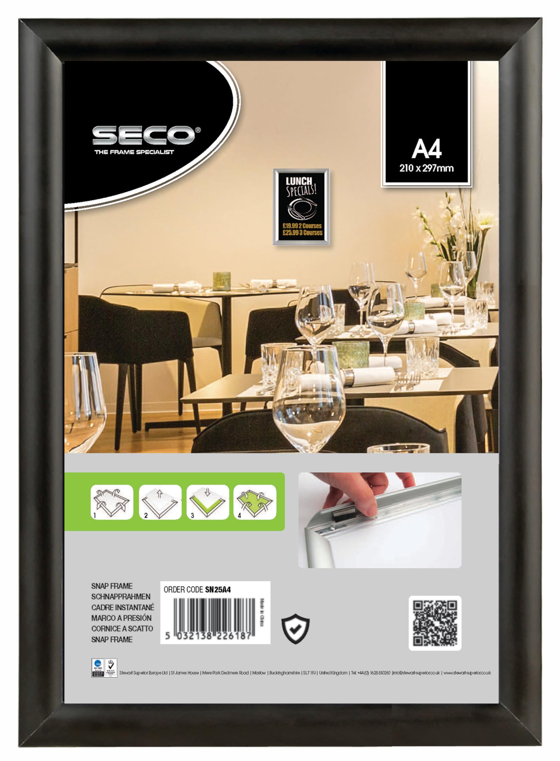 Stewart Superior A4 Aluminium 4 Sided 25mm Front Loading Picture/Poster Snap Frame - Black