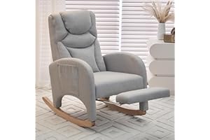 FOXHUNTER Rocking Chair Nursery, Modern Glider Chair with Adjustable Footrest and Solid Wood Legs, High Backrest Nursery Chair with Side Pocket, Rocker Armchair for Living Room Bedroom, Cotton Linen Light Gray