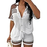 LovelyWholesale Womens Crochet Knit 2 Piece Shorts Set Button Down Top and Shorts Sets Beach Cover Up Summer Outfit
