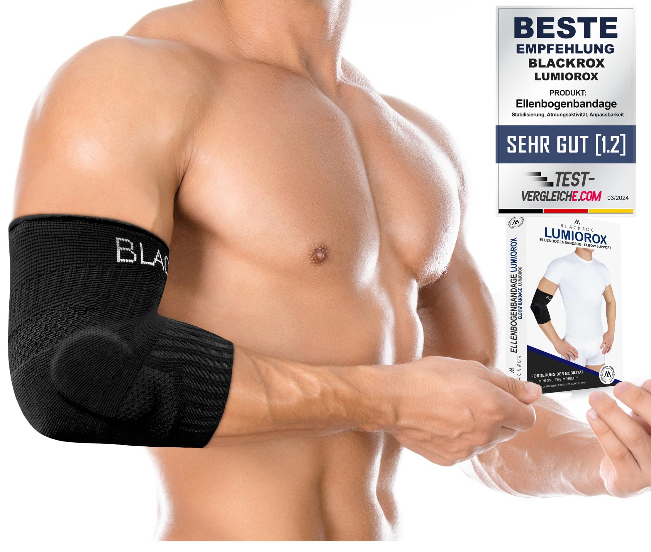 BLACKROX LUMIOROX Elbow Arm Support for Men and Women Bodybuilding Sports Fitness Silicone Pad Left Right Double-Sided Compression Strength Sports Elbow Bandage (L, Black)