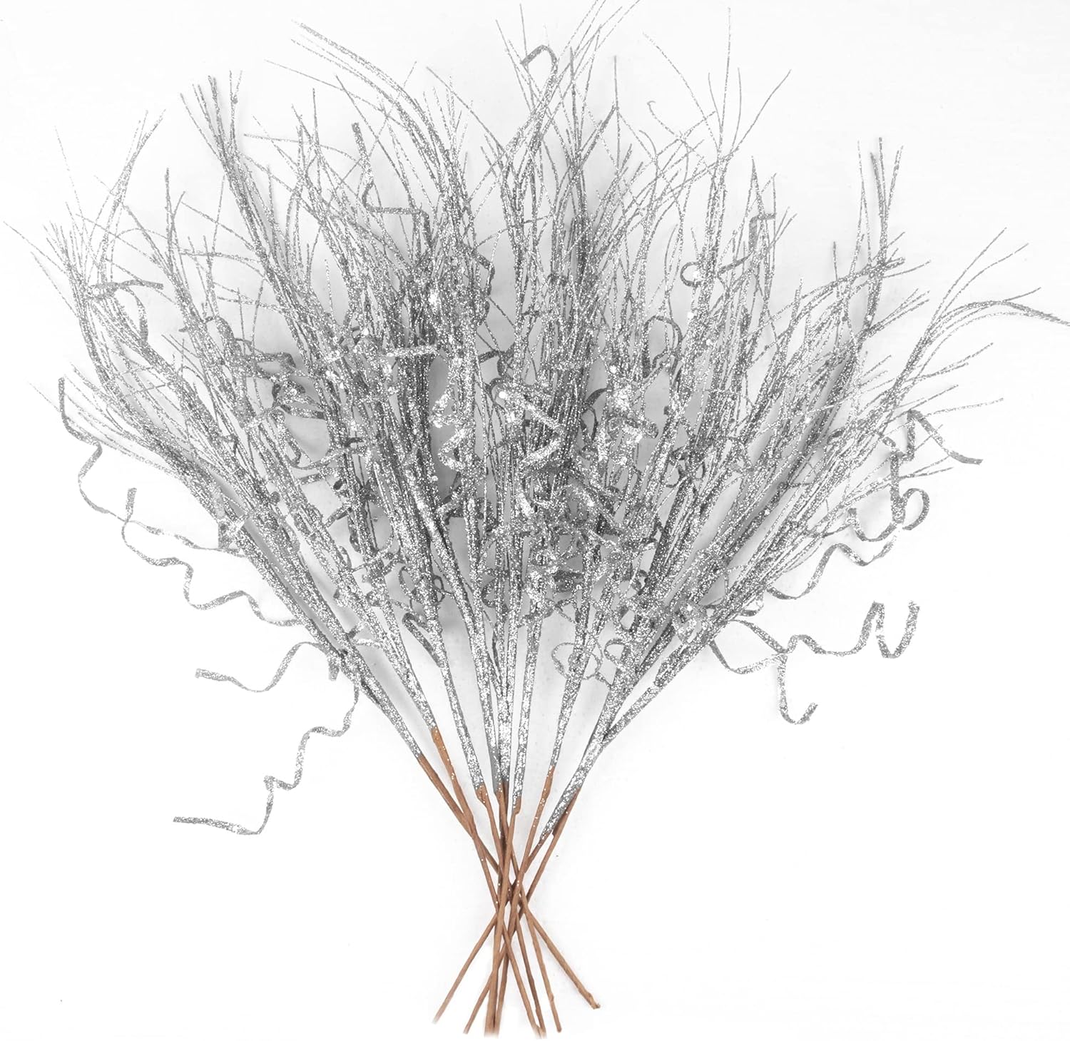 Tree Toppers - KI Store Glitter Curly Christmas Spray Set of 12 Silver Wispy Willow Christmas Picks for Christmas Tree Wreath Garland Bouquet Tree Topper Decoration