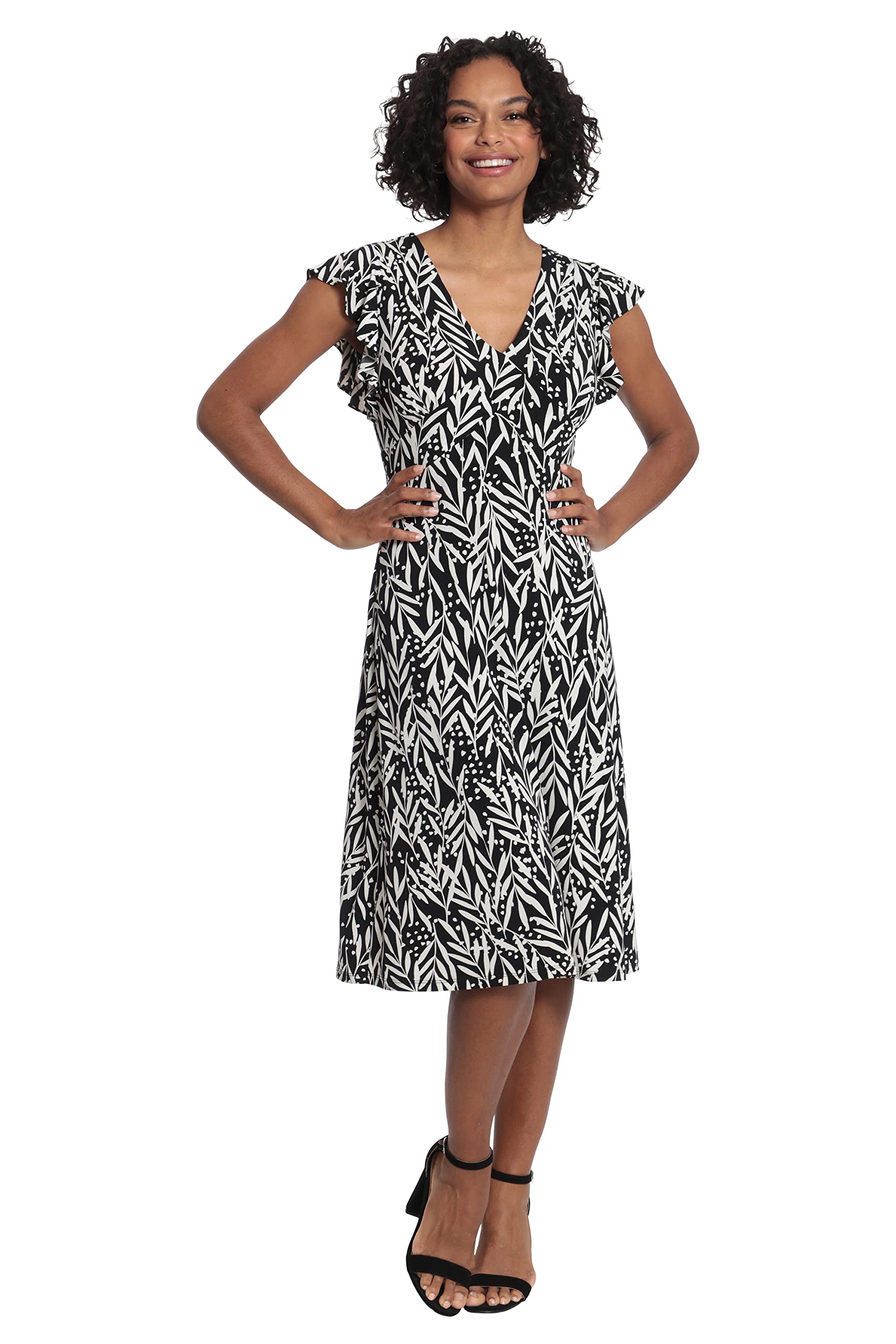 London Times Women’s Petite Leaf Print V-Neck Ruffle Sleeve Dress, Black/Soft White, 14