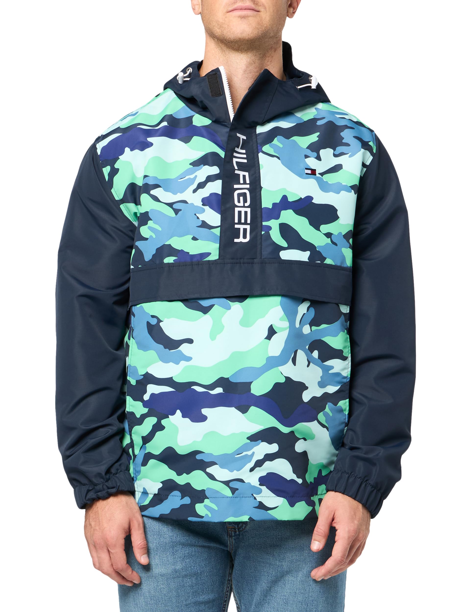Tommy Hilfiger Men's Retro Lightweight Taslan Hooded Popover Water Resistant Jacket Windbreaker, Blue/Green Camouflage, Medium Image