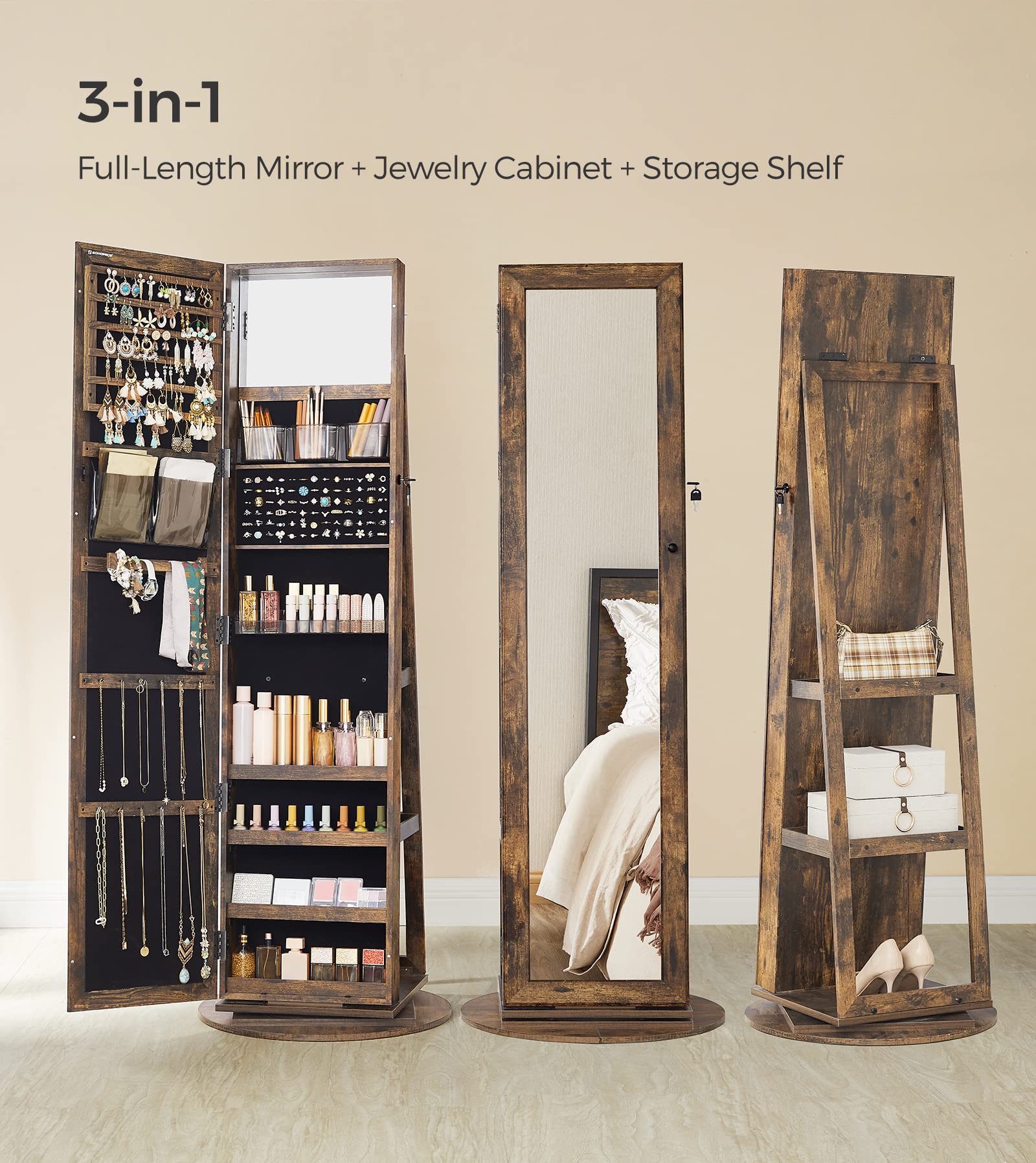 SONGMICS SONGMICS 360° Swivel Jewelry Cabinet, Lockable Jewelry Organizer with Full-Length Mirror, Rear Storage Shelves, Interior Mirror, Jewelry Armoire, Gift Idea, Rustic Brown UJJC006X01
