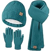 Winter Beanie Hat Scarf Gloves, Warm Fleece Knit Hat Long Scarf Neck Warmer Touch Screen Winter Gloves Set Gifts for Women