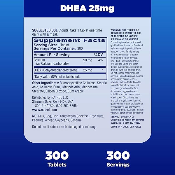 NATROL MOOD & STRESS DHEA 25MG WITH CALCIUM, DIETARY SUPPLEMENT FOR BALANCE OF CERTAIN HORMONE LEVEL AND MOOD SUPPORT, 300 TABLETS, 300 DAY SUPPLY