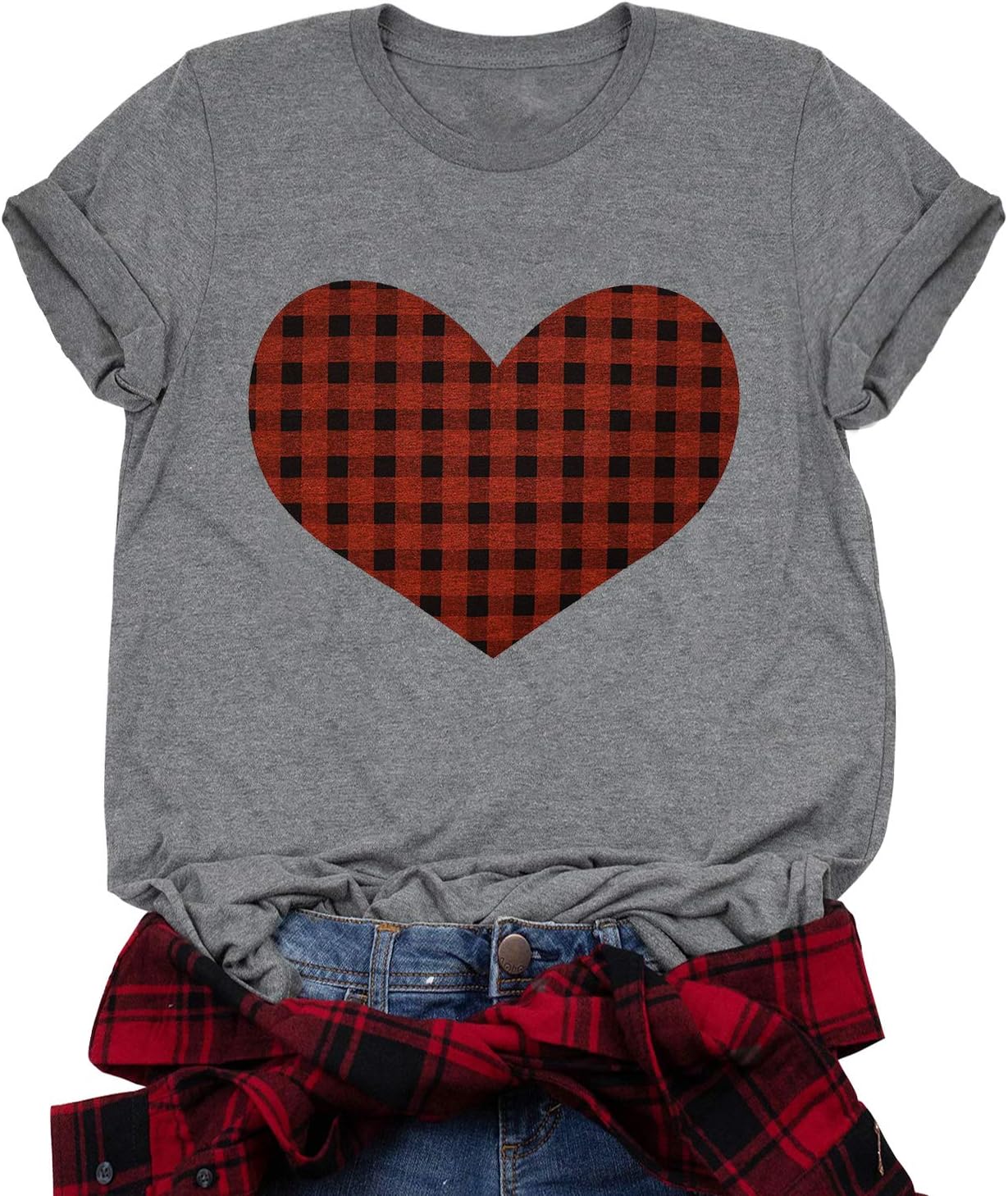 Valentines Day Shirt Women Buffalo Plaid Love Heart T-Shirt Short Sleeve Cute Graphic Print Tee Tops