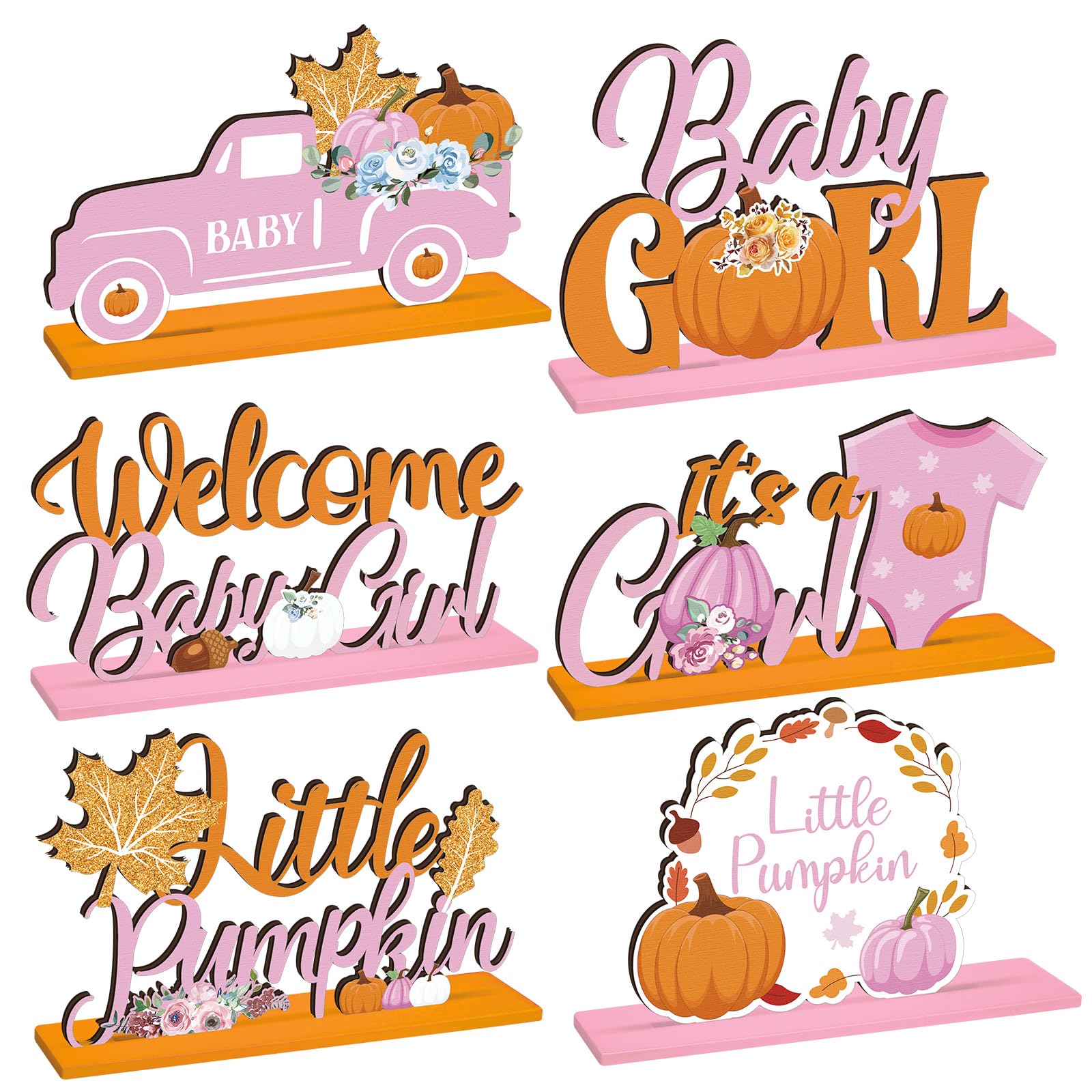 Photo 1 of 6 Pcs Thanksgiving Fall Little Pumpkin Party Decorations Pumpkin Wooden Centerpieces Pink Girl Maple Table Toppers a Little Pumpkin Baby Girl Table Decor for Girls Fall Party