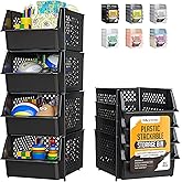 TidyFriend 4 Pack Stackable Storage Bins Open Front for Pantry Organizers and Storage, Pantry Storage for Food, Kitchen and Home Organization, Plastic Storage Bins, Dorm Room Essentials (Black)