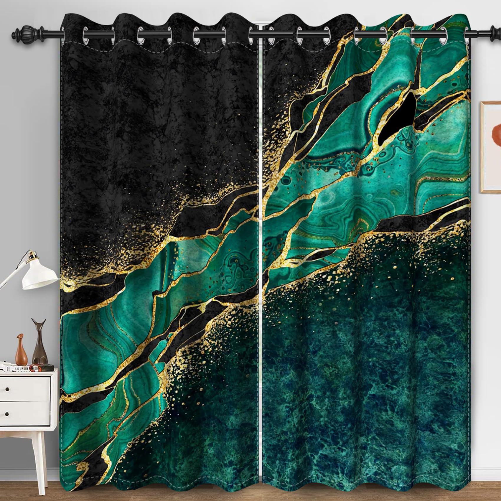 Bovlleetd Turquoise Marble Blackout Curtains for Dormitory Golden Abstract Modern Aesthetic Curtain Water Liquid Art Window Drapes for Bedroom 55x102inch (Width x Length) Set 2 Panels