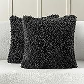 FUTEI Black Decorative Throw Pillow Covers 18x18 Inch Set of 2,Soft Fluffy Faux Wool Fur Boucle Textured Cushion Case,Modern Home Decor for Couch Bed Living Room Office