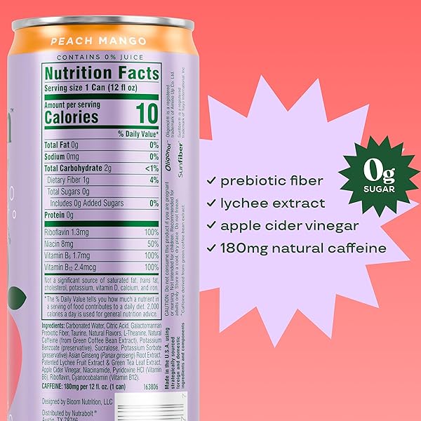 BLOOM NUTRITION SPARKLING ENERGY DRINK – NATURAL CAFFEINE, ZERO SUGAR, 180MG CAFFEINE – ANTIOXIDANT-RICH W/GREEN COFFEE BEAN, GREEN TEA EXTRACT, PREBIOTICS – 12OZ 12 PK