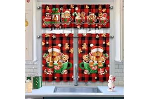 Xsinufn Christmas Kitchen Curtains Valances 3 Piece Set,Buffalo Plaid Gingerbread Hot Cocoa Rod Pocket Kitchen Curtain Over Sink Window,Farmhouse Cafe Curtains for Holiday Winter Decor 36 Inch