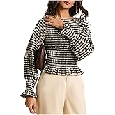 GORGLITTER Women's Gingham Smock Tops Ruffle Long Sleeve Crew Neck Vintage Peplum Babydoll Shirt Top