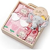 TUZT Wooden Baby Girls Gift Set, Baby Shower Gifts for Girls, Unique Newborn Essential Stuff with Blanket Onesies Lovey Bib and Socks, Gender Reveal Ideas Infant Welcome Baby Girl Shower Party