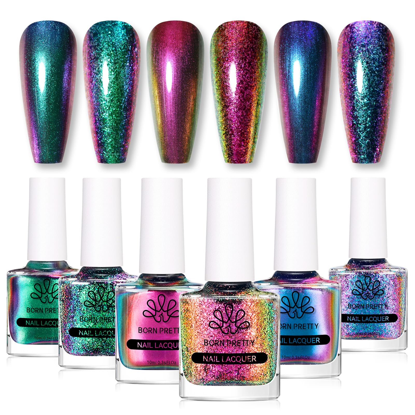 BORN PRETTY Chameleon Nail Polish 6 Colors Iridescent Glitter Quick Dry Nail Polish Shimmer Pearl Chrome Nail Varnish
