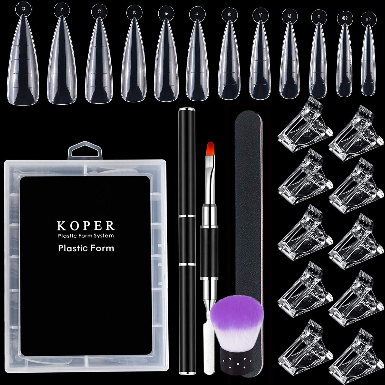 Kalolary Dual Nail Forms Set, 120pcs Dual Forms Nails with 10pcs Acrylic Nail Tips Clip Nail Art Dust Remover Brush Nail File and 1pcs Dual-Ended Poly UV Gel Brush, Professional Nail Manicure Kit