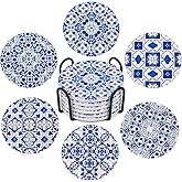 Ceramic Coasters for Drinks Absorbent - Metal Holder Set, Dry & Clean, Anti-Slip Cork Bottom - Blue and White Porcelain, Perfect for Living Room, Kitchen, or Outdoor Use