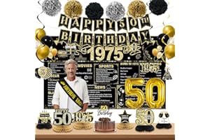 POPULARLDO 50th Birthday Decorations Men, Black Gold Back In 1975 Birthday Banner Decorations, Vintage 50th Birthday Table Decorations, Cake Topper, Balloons, Backdrop, Sash Party Supplies for Men