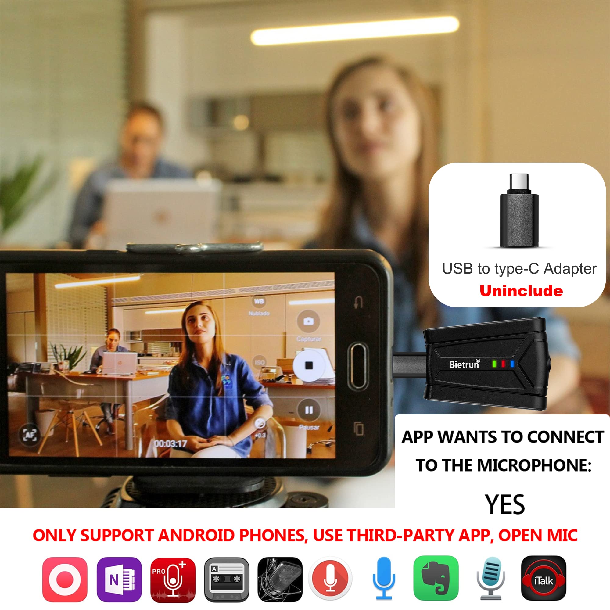 Bietrun Wireless USB Microphone for Computer, UHF Wireless Headset Mic and Lapel Lavalier Microphone System with USB Receiver for PC/Desktop/Laptop, Plug&Play, for Zoom, Meeting, Podcast, Recording