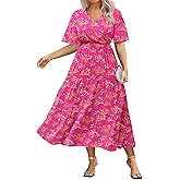 IN'VOLAND Plus Size Short Sleeve Dress for Women Summer Casual V Neck Floral Maxi Dresses with Pockets