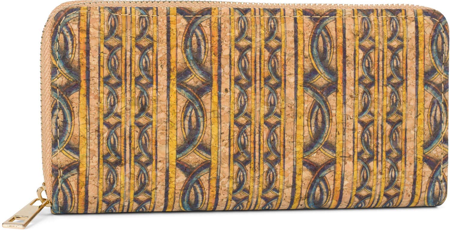 styleBREAKER Women's Cork Wallet with Colourful Pattern Print in Ethnic Look, Zipper, Wallet 02040138, Colour:Chains/Yellow-Blue